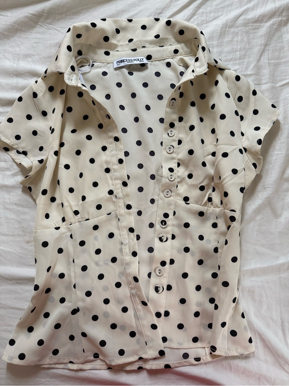 Princess Polly Cream Short Sleeve Polka Dot Button-Down Blouse